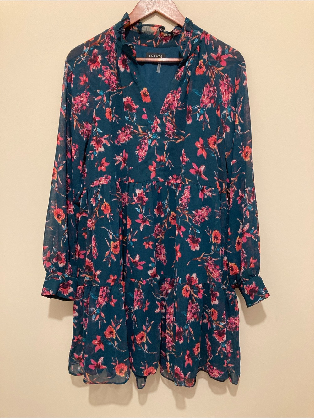 1 STATE Teal Floral V Neck Mini Dress Sz L chiffon and lined